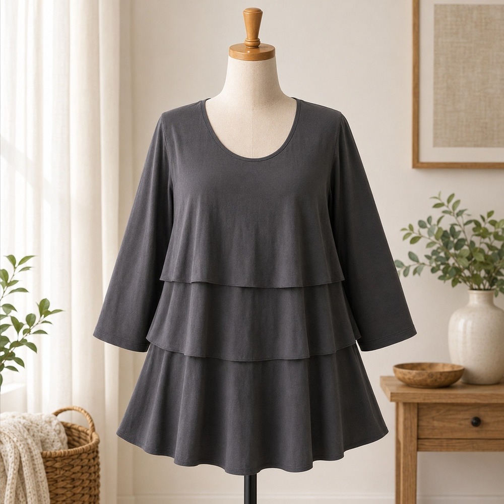 Susan Graver Tiered Ruffle Blouse Womens XL Black Liquid Knit 3/4 Sleeve Top